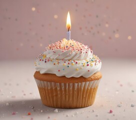 Single candle atop a frosted cupcake, sprinkles ,  vanilla,  close up