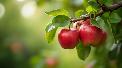 Red apples on a tree branch in a lush orchard, during harvest. Ideal for illustrating concepts of agriculture, organic food, and seasonal fruit.