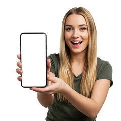 Smiling Young Woman Holding Smartphone with Blank Screen, Presenting Exciting Digital Content Concept Against White Background with Enthusiastic Expression