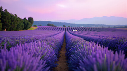 Naklejka premium Landscape of lavender flowers in full bloom field under sunset sky.