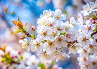 Fototapeta premium Spring Blossom Background: Close-Up Cherry Blossoms & White Flowers High Depth of Field
