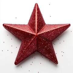 Close-up of a red glittery star decoration on a white background with scattered glitter sparkles around it