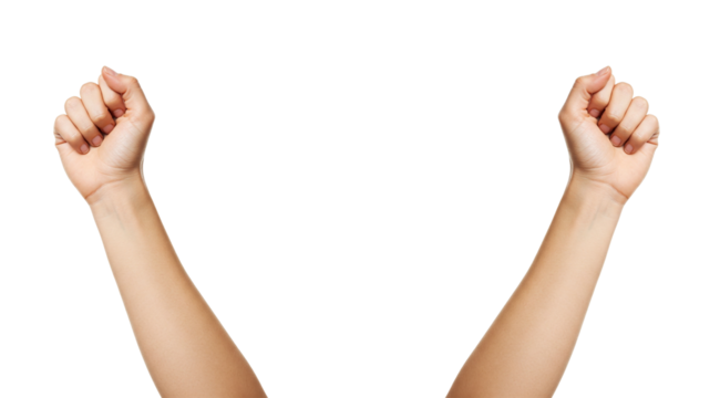 Upward Fists: Two Light-Skinned Arms Raised with Clenched Fists Against a White Backdrop, Suggesting Triumph or a Call to Action