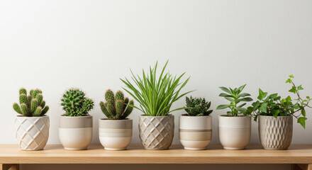 Obraz premium Potted Plant Paradise: Cacti, Succulents & Greenery in Stylish Planters on Shelf - Add Natural Beauty to Your Home!