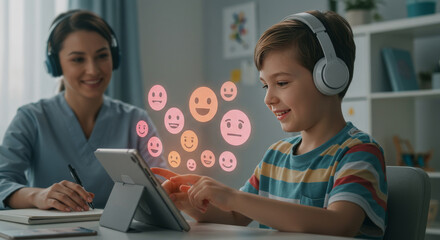 Boy learning online with a teacher and emotions