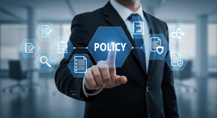 Policy Management: Businessman Navigating Compliance & Regulations. Stay Secure, Audit-Ready, and Streamline Processes with Effective Policies.