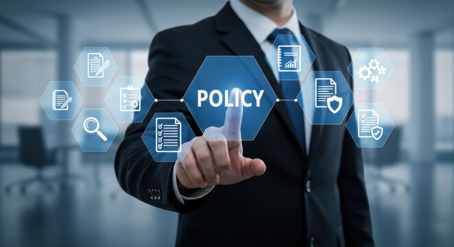 Policy Management: Businessman Navigating Compliance & Regulations. Stay Secure, Audit-Ready, and Streamline Processes with Effective Policies.