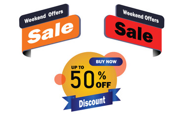 Colorful Weekend Sale Tags and Discount Labels Set | Up to 50% Off Promotional Badges Vector