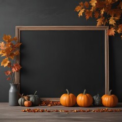 Black chalkboard with simple frame, three perfectly arranged pumpkins, fall leaves in corner ,  simple,  photography,  harvest