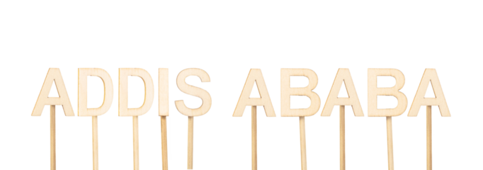 Addis Ababa, capital of Ethiopia, in wooden letters on white background, clean and culturally relevant image