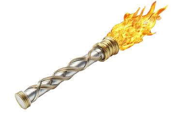 Olympic torch with a silver and gold finish, featuring a vibrant flame, symbolizing the spirit of the Games isolated on white background PNG