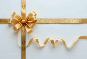 Fototapeta premium A curly gold ribbon for Christmas and birthday present banner isolated against a white background.