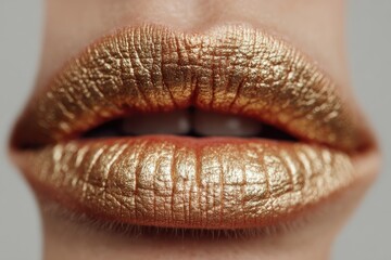 Fototapeta premium Close-up view of a woman's lips with golden metallic lipstick.