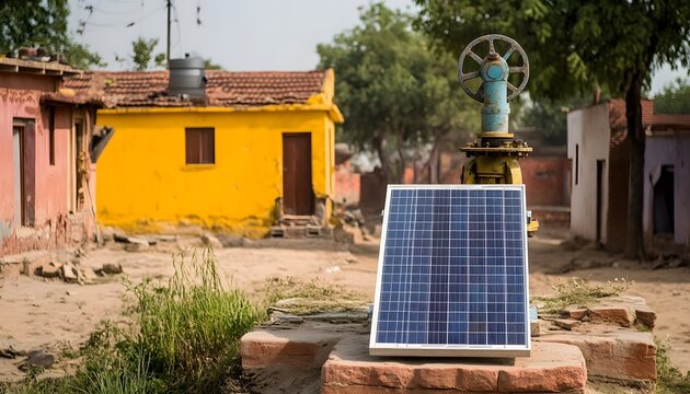 Rural community with solar powered water pump.