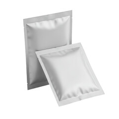 Two white sachets isolated on transparent background for food, cosmetic, medicine uses.