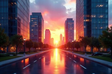 Obraz premium Modern city office buildings at sunset, reflecting light , panorama, corporate