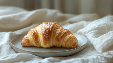 Golden croissant on a draped plate