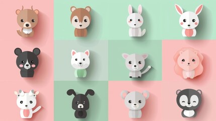 Cute flat design animals in a grid, minimal shadows, soft pastel pink & mint green geometric shapes, clean gradients.