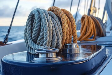 Obraz premium Coiled ropes on a sailboat deck with metal winches, calm sea and cloudy sky in the background, depicting nautical equipment and maritime atmosphere