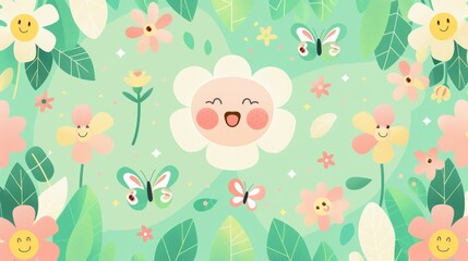 Cute flat garden with smiling flowers, happy butterflies, pastel green and pink hues, geometric leaves create patterned depth.