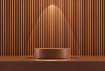 Realistic brown wood and white 3D cylinder pedestal podium with vertical wood pattern background. Abstract minimal scene for mockup products, stage showcase, promotion display. Vector geometric forms.