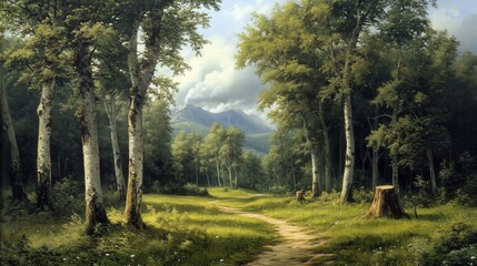 Obraz premium Peaceful Woodland Trail with Birch Trees and Misty Peaks