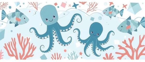 Obraz premium Cute flat design sea creatures, happy fish and octopus characters, pastel blue and coral palette, geometric water patterns noise.