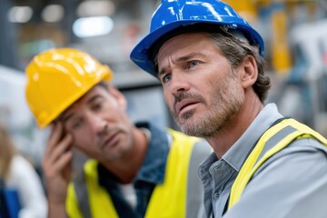 Obraz premium In a busy stockroom, two men in safety gear are brainstorming solutions, reflecting the collaborative spirit and challenge of working in high-pressure environments.