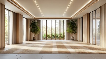 Fototapeta premium Clean Japanese-style empty room with traditional tatami floor and wood paneling, bright D rendering from wide angle