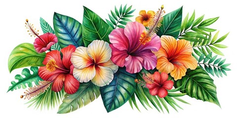 Tropical Nursery Clipart: Lush Watercolor Hibiscus Leaves, Drone Aerial View
