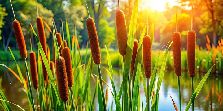 Typha Angustifolia Pond Plants: Summer Wind Swaying Tropical Reed Photos