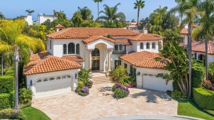 Luxurious Mediterranean-style villa with palm trees, vibrant flowers, and sunny skies