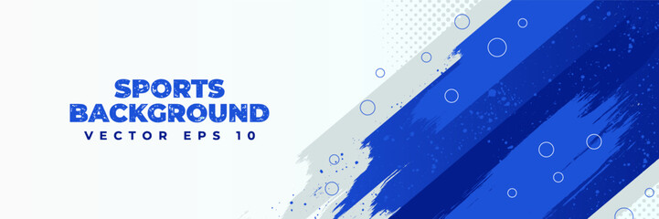 Horizontal abstract banner design with sporty blue grunge and halftone vector shape