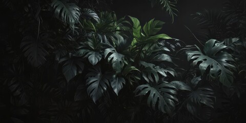 Dark, lush tropical leaves and vines intertwine on a black background, creating a mysterious, shadowed scene ,  graphic,  high resolution
