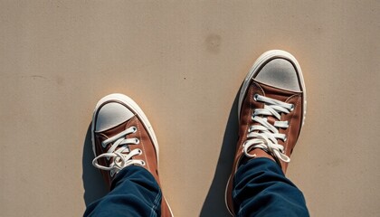 Point of view, brown sneakers on neutral surface offering a casual street style perspective and minimalist aesthetics for personal exploration