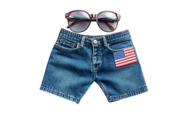 Pair of denim shorts with a flag patch and stylish sunglasses for a trendy summer look isolated on white background PNG