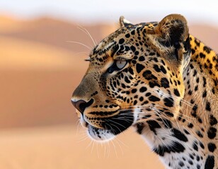 Fototapeta premium Majestic Leopard in Desert Landscape Showcasing Unique Spots and Clear Eyes, Capturing Nature’s Wild Beauty with Elegant Stature and Striking Details