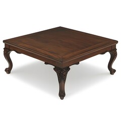 Brown wooden table with a carved design