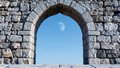 Fototapeta premium Stone Archway Under a Clear Sky with Half Moon Visible, Capturing the Beauty of Nature and Architectural Elements in Harmony