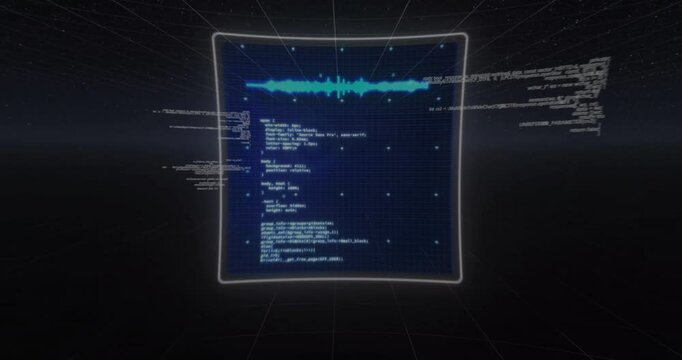 Curved screen floating above dark grid, displaying cyan waveform, white code in 3D-render style
