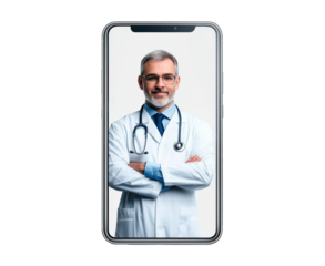 Doctor with stethoscope confidently smiling on smartphone screen isolated on transparent background