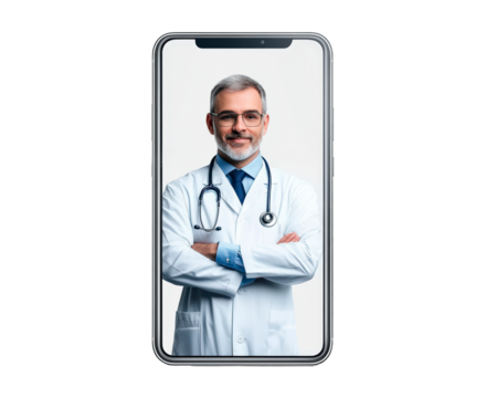 Doctor with stethoscope confidently smiling on smartphone screen isolated on transparent background