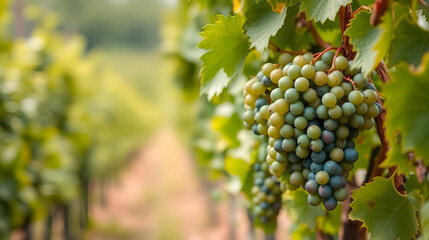 Naklejka premium Vibrant Green Grapes in a Lush Vineyard with Soft Blurred Background