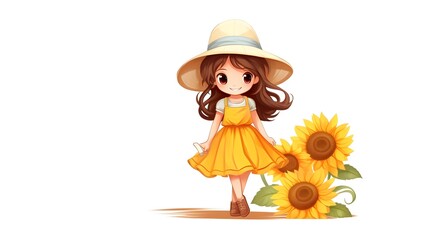 Bright Cartoon Vector Illustration of a Girl in Summer Clothes Surrounded by Sunflowers