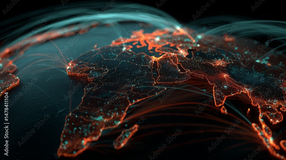 Poster global network connections with digital world map and data flow