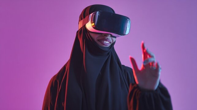 Muslim woman explores virtual reality with VR headset and hand gestures