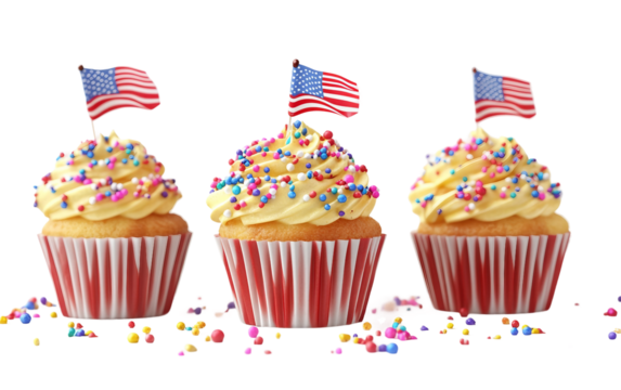 Patriotic cupcakes decorated with sprinkles and tiny flags for a festive and colorful celebration isolated on white background PNG