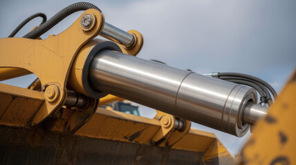 Hydraulic mechanism of heavy machinery with metal piston and hoses working smoothly under cloudy sky in industrial environment
