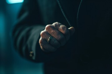 Professional businessman in a tailored suit adjusting his cufflinks in a modern office setting, preparing for an important corporate meeting