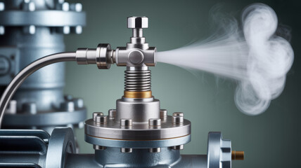 Hydraulic mechanism releasing steam in industrial setting with metal components and precise mechanical parts creating controlled vapor flow